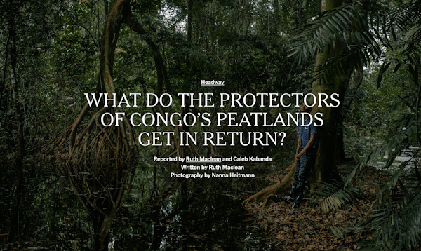 A screenshot from the first-place winner of the large market feature story prize from the Society of Environmental Journalists’ 22nd Annual Awards for Reporting on the Environment, "What Do the Protectors of Congo's Peatlands Get in Return?" by Ruth Maclean and Caleb Kabanda, with photography by Nanna Heitmann, for The New York Times.
