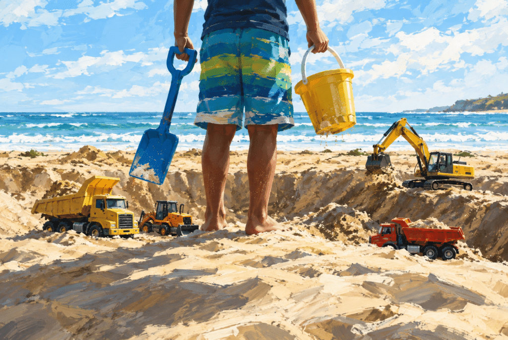 A child stands barefoot on a sandy beach holding a blue shovel and yellow bucket, overlooking a sand excavation site with colorful toy construction trucks and an excavator, with the ocean and blue sky in the