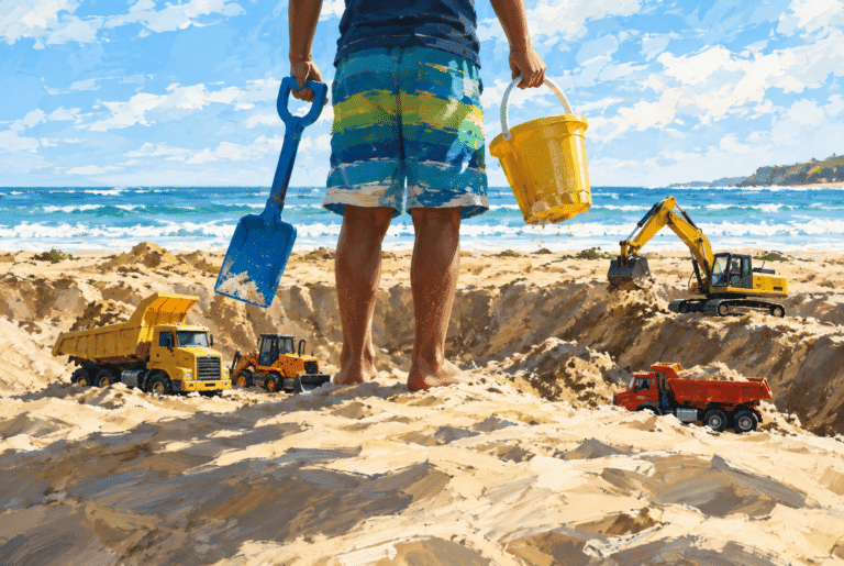 A child stands barefoot on a sandy beach holding a blue shovel and yellow bucket, overlooking a sand excavation site with colorful toy construction trucks and an excavator, with the ocean and blue sky in the